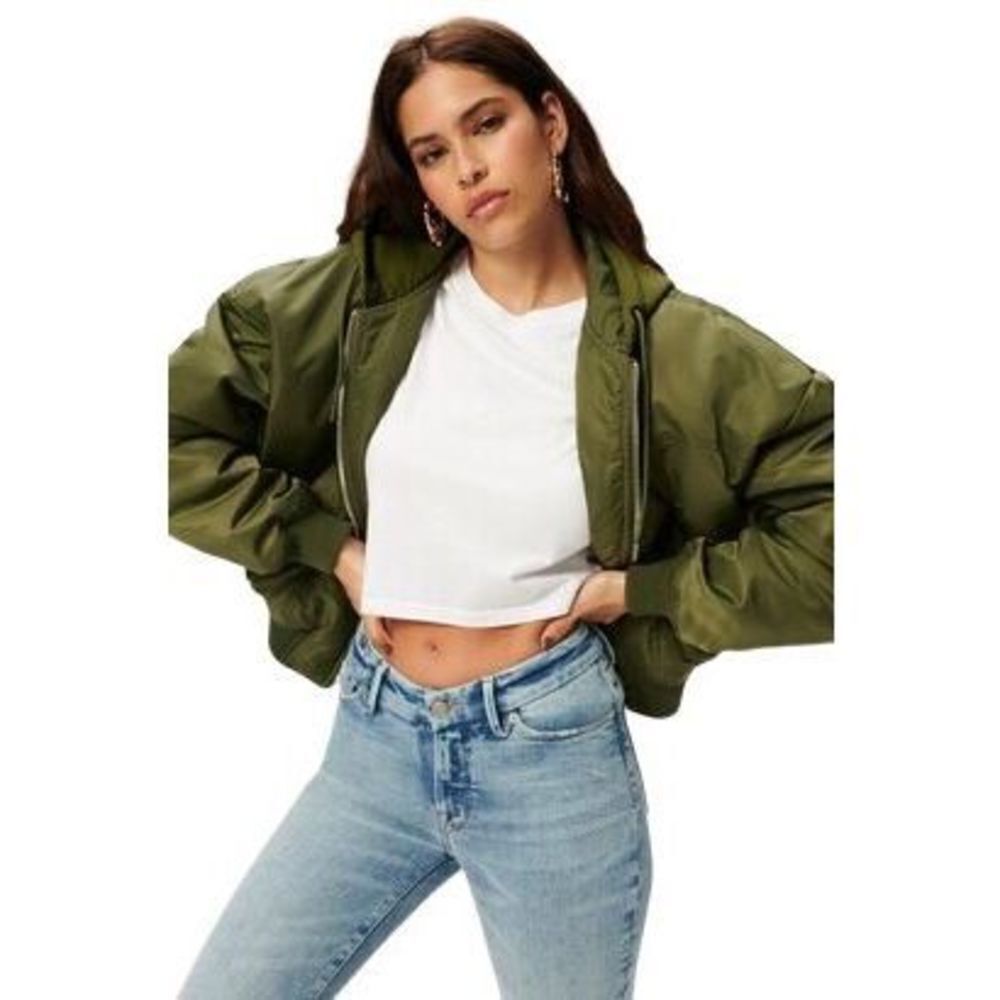 Good American 6/3x Cropped Puffer Jacket Army Green Hooded 5/6 Plus Size